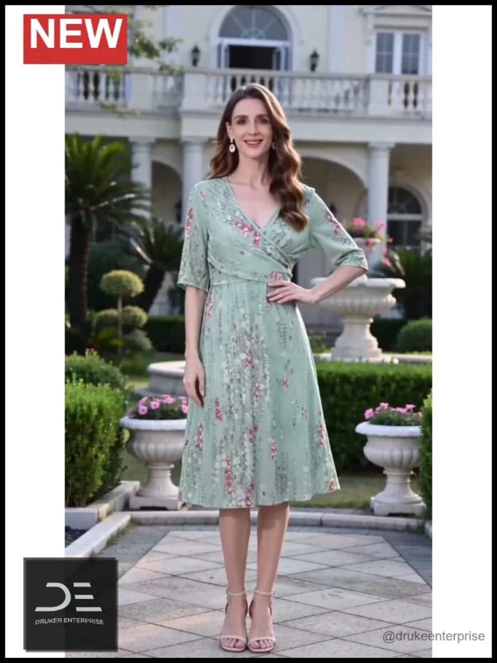 Women's 3/4 Sleeve Midi Dress with Pockets Flowy A-Line Boho V-Neck